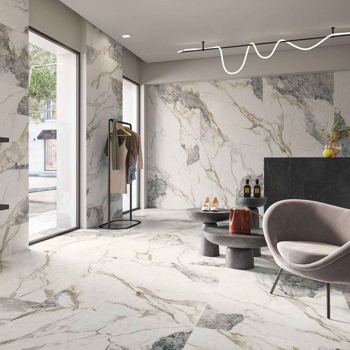 Marble-look porcelain tiles